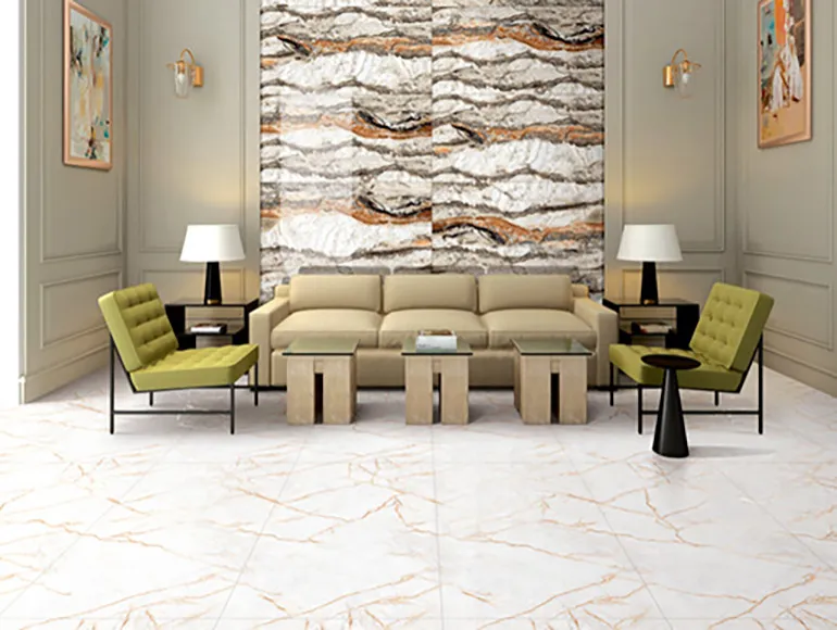 Stylish living room design with sophisticated marble look tiles